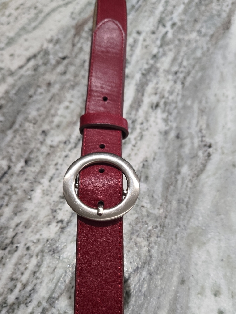 Women's Red Leather Belt with Round Silver Buckle 41"